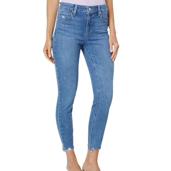 PAIGE Hoxton Crop High Rise Skinny Jeans Distressed Size 33 - Picture 1 of 14
